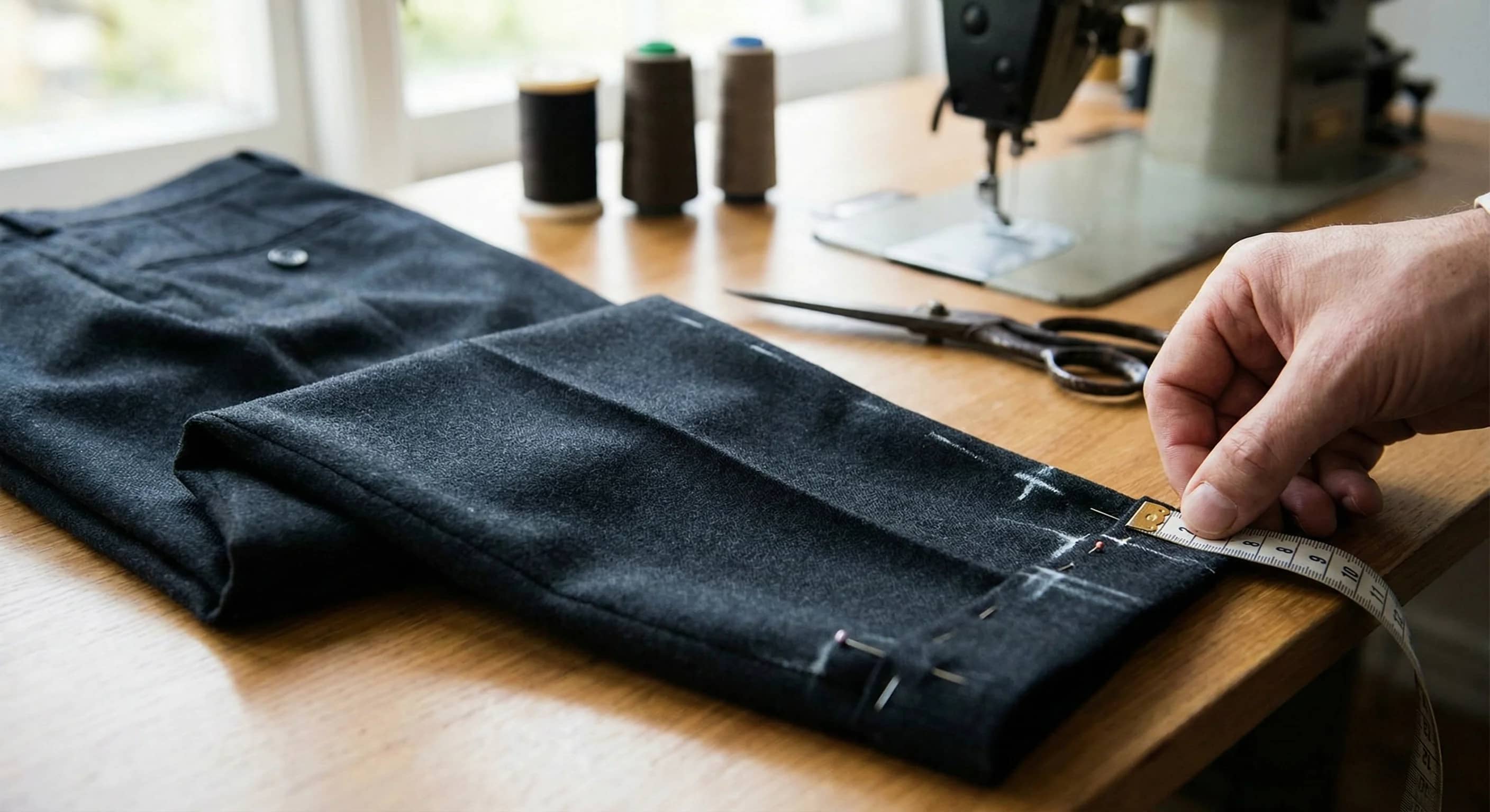 Croitor finisând tivul pantalonilor pentru o lungime perfectă