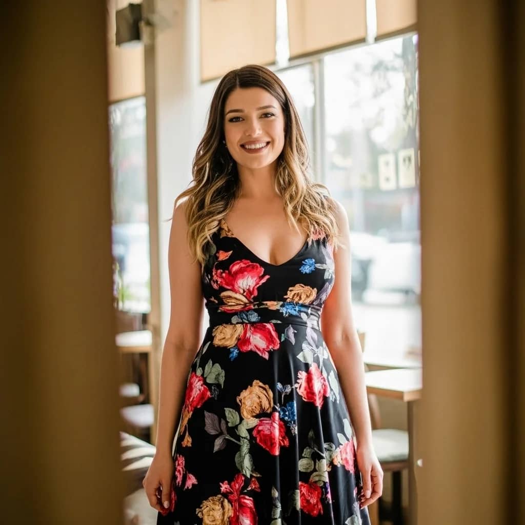 Rochie neagră de cocktail cu imprimeu floral