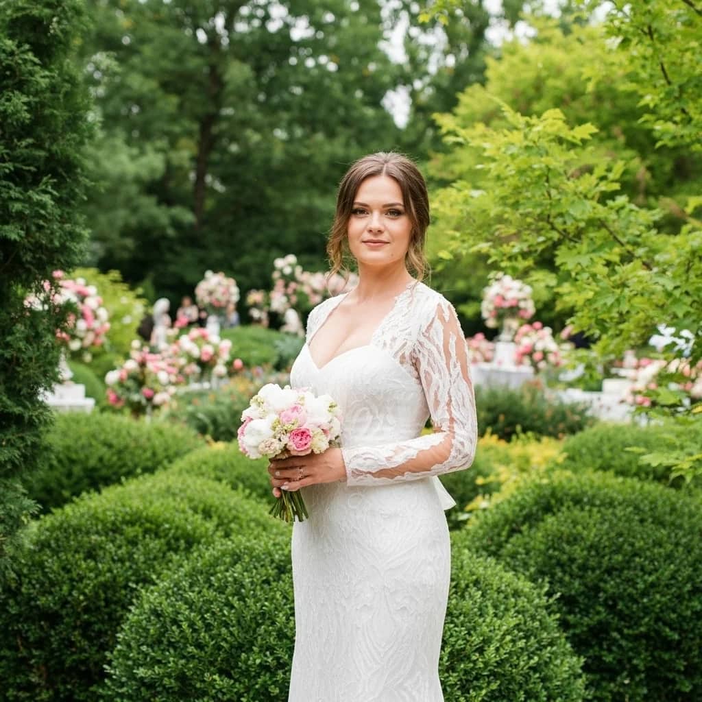 Rochie de mireasă din dantelă, ședință în grădină